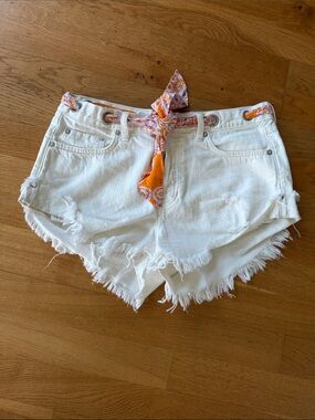 White Frayed Denim Women's Shorts with Orange Scarf Detail